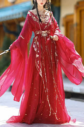 Klassisches Hanfu-Kleid für Damen mit roter Heißprägung und Stickerei, komplettes Set